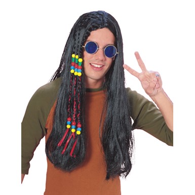 Long Black Hippie Wig with Braids and Beads for Costume