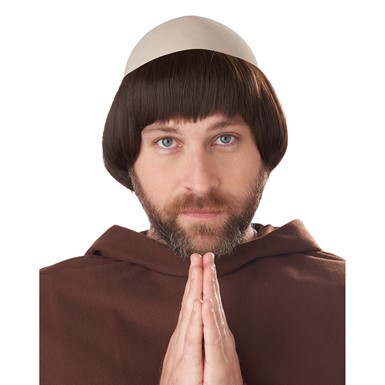 Mens Medieval Friar Halloween Wig with Bald Cap