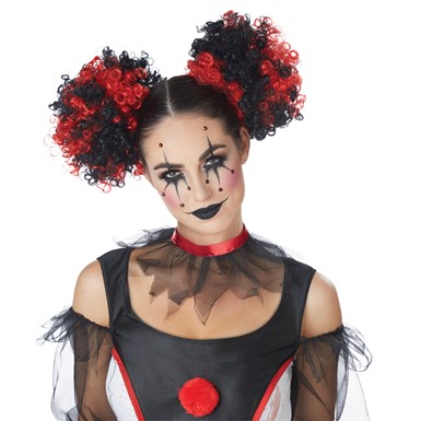 Womens Clown Puffs Black & Red Wig